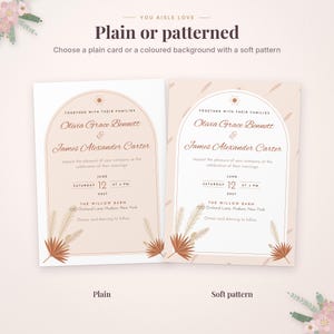 May include: Two wedding invitation cards featuring an arched design with the text 'You Aisle Love', 'Plain or patterned', and details for Olivia Grace Bennett and James Alexander Carter. The cards display dried palm leaf illustrations.