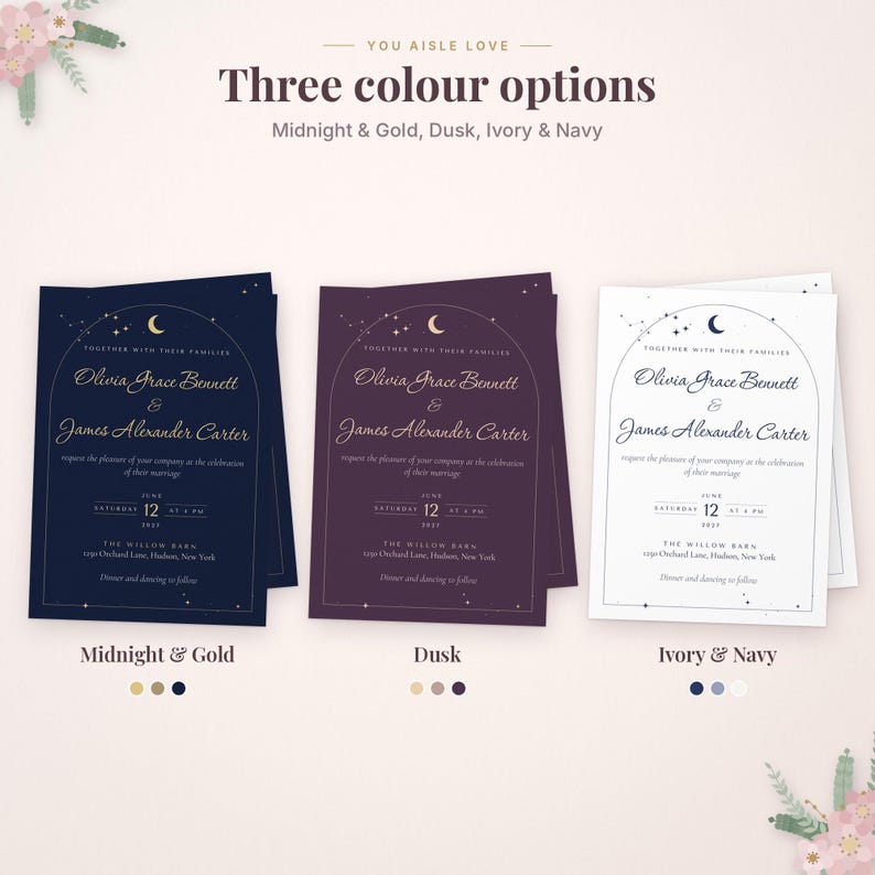 May include: Three wedding invitation cards featuring an arched celestial design with a moon and stars. The text reads: You Aisle Love, Three colour options, Midnight & Gold, Dusk, Ivory & Navy, Olivia Grace Bennett & James Alexander Carter.