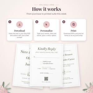 May include: An instructional graphic titled You Aisle Love How it works with three steps: Download, Personalize, and Print. Below are three wedding stationery cards featuring text including Kindly Reply, Save the Date, and names.