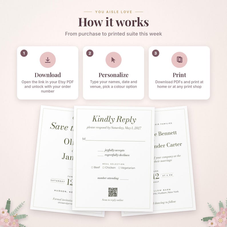 May include: An instructional graphic titled You Aisle Love How it works with three steps: Download, Personalize, and Print. Below are three wedding stationery cards featuring text including Kindly Reply, Save the Date, and names.