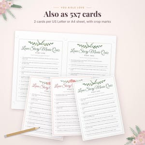 Pode incluir: Um conjunto de jogo imprim&iacute;vel Love Story Movie Quiz com a parte um e a parte dois. As folhas brancas exibem texto preto, cabe&ccedil;alhos florais e linhas para escrever respostas. Um l&aacute;pis de madeira est&aacute; posicionado na diagonal.
