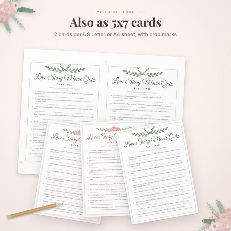 Pode incluir: Um conjunto de jogo imprim&iacute;vel Love Story Movie Quiz com a parte um e a parte dois. As folhas brancas exibem texto preto, cabe&ccedil;alhos florais e linhas para escrever respostas. Um l&aacute;pis de madeira est&aacute; posicionado na diagonal.
