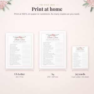 May include: A digital Bride Trivia game set featuring a floral header, including three sizes: US Letter 8.5 x 11 inches, A4, and 5x7 inch cards. The text reads You Aisle Love, Print at home, Bride Trivia, and The Love Story Edition.