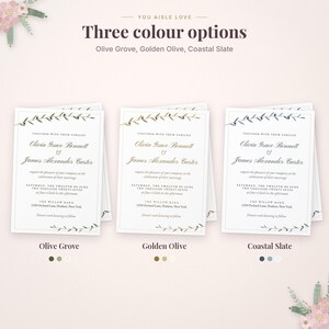 以下が含まれることがあります： 白い背景に黒い文字が印刷された3枚の結婚式の招待状。カードの上下にはオリーブの枝のイラストが描かれています。テキストは次の通りです：Together with their families, Olivia Grace Bennett & James Alexander Carter, request the pleasure of your company at the celebration of their marriage, Saturday, the twelfth of June, two thousand twenty-seven, at four o'clock in the afternoon, The Willow Barn, 1250 Orchard Lane, Hudson, New York, Dinner and dancing to follow。