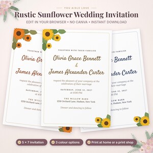 Puede incluir: Tres plantillas de invitaci&oacute;n de boda con ilustraciones de girasoles en las esquinas. El texto dice: You Aisle Love, Rustic Sunflower Wedding Invitation, Edit in your browser, No Canva, Instant Download, 5 x 7 invitation, 3 colour options, Print at home or a print shop.