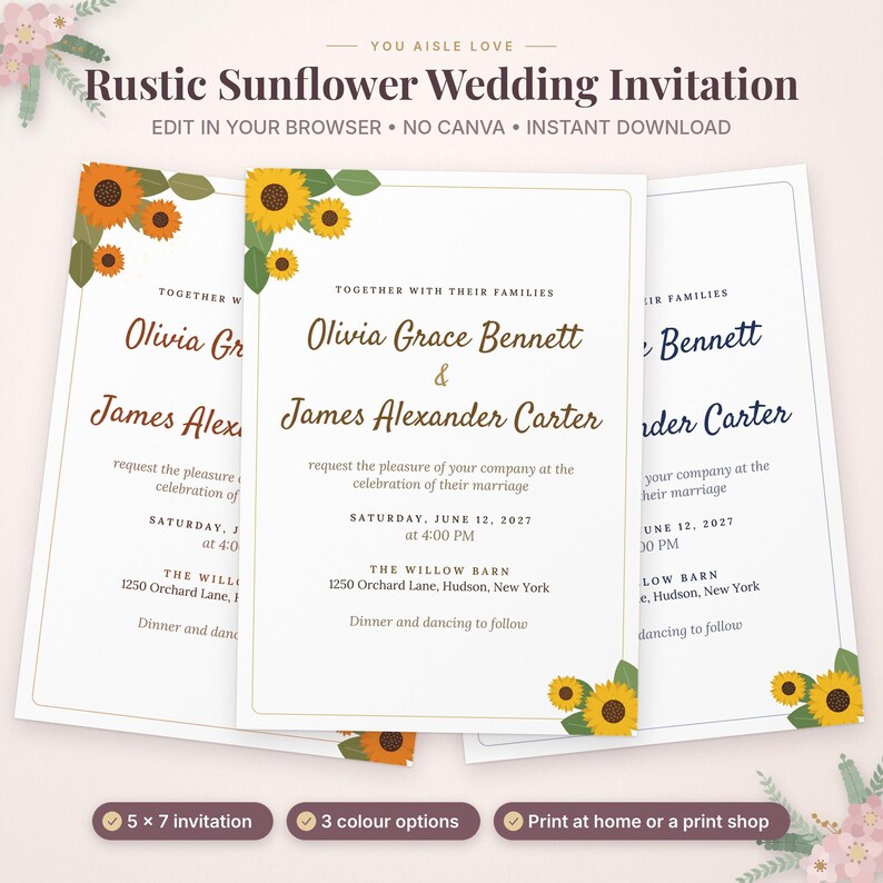 Puede incluir: Tres plantillas de invitaci&oacute;n de boda con ilustraciones de girasoles en las esquinas. El texto dice: You Aisle Love, Rustic Sunflower Wedding Invitation, Edit in your browser, No Canva, Instant Download, 5 x 7 invitation, 3 colour options, Print at home or a print shop.