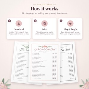May include: A digital party game set titled He Said, She Said featuring three printable sheets with lists of questions and checkboxes for answers. The instructional graphic displays three steps: Download, Print, and Play & laugh.