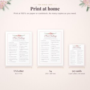 Może przedstawiać: Cyfrowa gra z wyzwaniami fotograficznymi na wiecz&oacute;r panieński z motywami kwiatowymi. Zawiera trzy formaty: US Letter 8,5 x 11 cali, A4 oraz karty 5x7 cali. Tekst zawiera napisy You Aisle Love, Print at home oraz Photo Challenge.