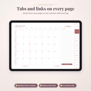 May include: A digital planner displayed on a tablet screen showing a January 2026 calendar layout with a monthly goals section, side navigation tabs, and the text: You Aisle Love, Tabs and links on every page, Jump from any page to any section with one tap.