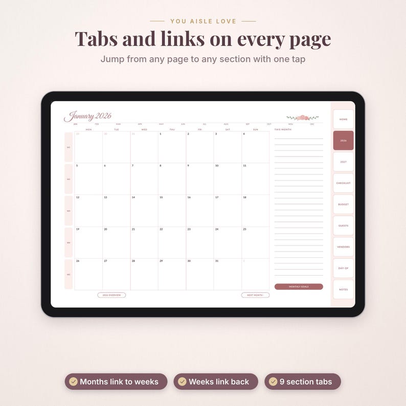 May include: A digital planner displayed on a tablet screen showing a January 2026 calendar layout with a monthly goals section, side navigation tabs, and the text: You Aisle Love, Tabs and links on every page, Jump from any page to any section with one tap.