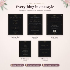 K&ouml;nnte beinhalten: Ein Set aus f&uuml;nf schwarzen Hochzeitspapeterie-Karten mit goldenen Sonnenstrahlen-Akzenten und Texten wie Save the Date, Einladung, RSVP, Details und Dankesch&ouml;n. Die Karten messen 12,7 mal 17,8 cm oder 10,8 mal 14 cm.