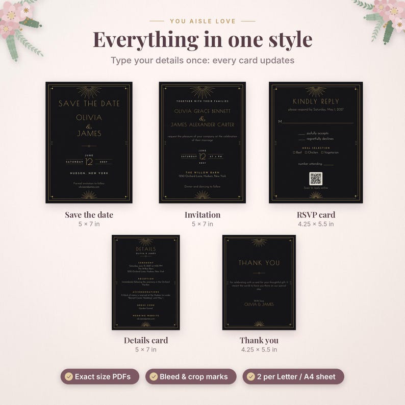 K&ouml;nnte beinhalten: Ein Set aus f&uuml;nf schwarzen Hochzeitspapeterie-Karten mit goldenen Sonnenstrahlen-Akzenten und Texten wie Save the Date, Einladung, RSVP, Details und Dankesch&ouml;n. Die Karten messen 12,7 mal 17,8 cm oder 10,8 mal 14 cm.