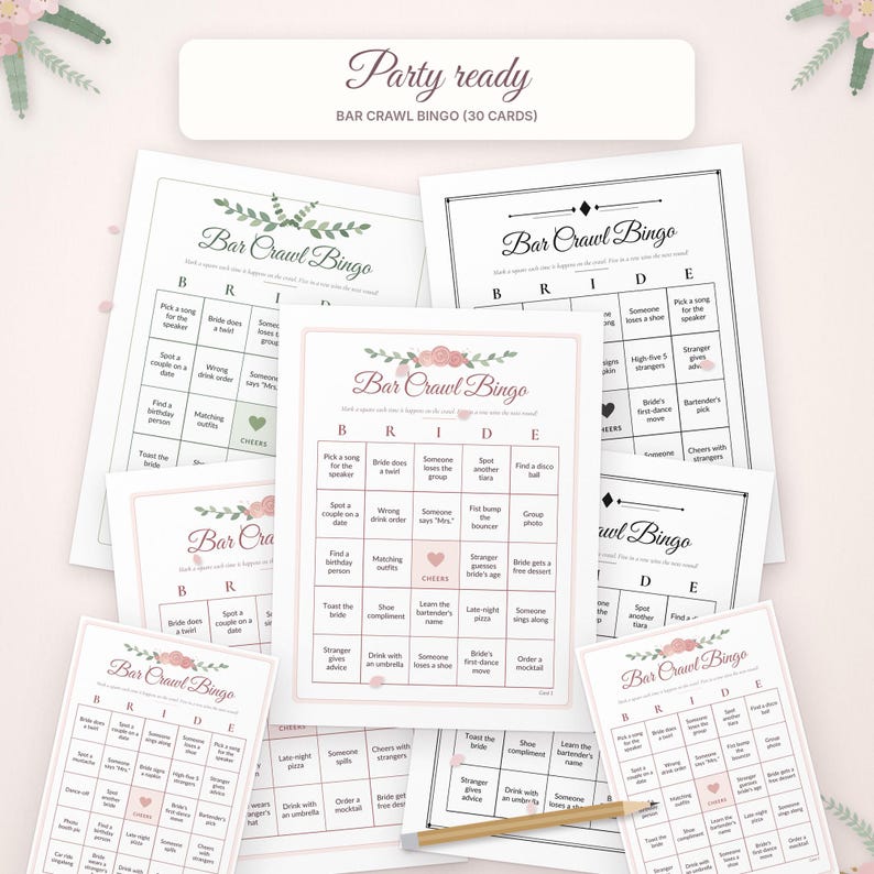 May include: A set of thirty Bar Crawl Bingo cards for a bride, featuring a grid with the letters B R I D E at the top, floral accents, and a central square labeled Cheers. A wooden pencil is placed across the bottom of the cards.