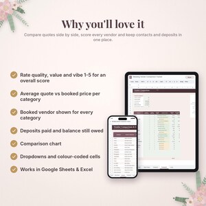 May include: A digital wedding vendor comparison tracker displayed on a tablet and smartphone screen. The interface features spreadsheets with columns for vendor categories, quotes, and scores, including text labels for features like dropdowns.