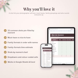 May include: A digital wedding photo shot list template displayed on a tablet and smartphone screen. The interface features a summary table with columns for moments, shot counts, and priorities, alongside a list of seven bulleted features.