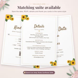 Puede incluir: Tres tarjetas de papeler&iacute;a de boda blancas con ilustraciones de girasoles en las esquinas. La tarjeta central muestra texto que incluye Details, Olivia & James, Ceremony, Reception, Accommodations, Dress Code y Wedding Website.