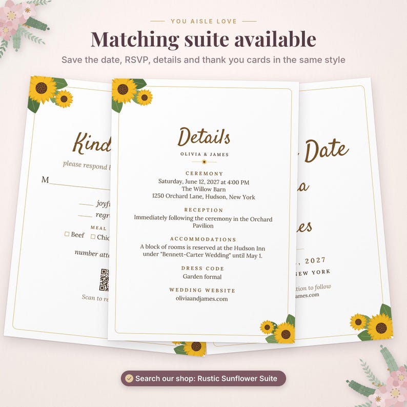 Puede incluir: Tres tarjetas de papeler&iacute;a de boda blancas con ilustraciones de girasoles en las esquinas. La tarjeta central muestra texto que incluye Details, Olivia & James, Ceremony, Reception, Accommodations, Dress Code y Wedding Website.