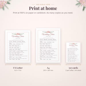 May include: A digital wedding trivia game set featuring three printable formats: US Letter at 8.5 x 11 inches, A4 at 210 x 297 mm, and 5x7 inch cards. Each sheet displays floral graphics, the title Wedding Trivia Part One, and ten questions.