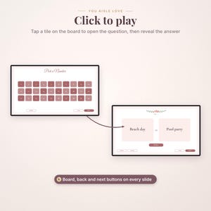 May include: A digital game interface titled You Aisle Love featuring a Pick a Number board with thirty numbered tiles. A second screen displays the text Beach day or Pool party with a Reveal button and navigation controls below.