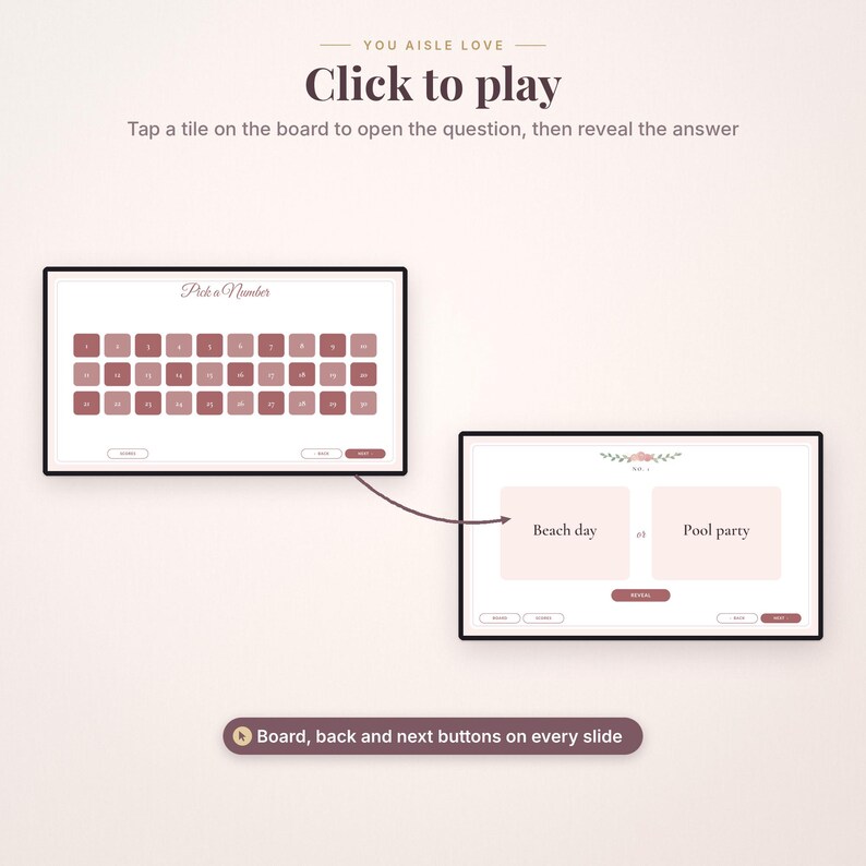 May include: A digital game interface titled You Aisle Love featuring a Pick a Number board with thirty numbered tiles. A second screen displays the text Beach day or Pool party with a Reveal button and navigation controls below.