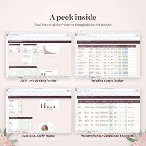 May include: Four digital spreadsheet templates for wedding planning displayed on screens. The bundle includes an All-in-One Wedding Planner, Wedding Budget Tracker, Guest List & RSVP Tracker, and Wedding Vendor Comparison & Contacts with dark headers.