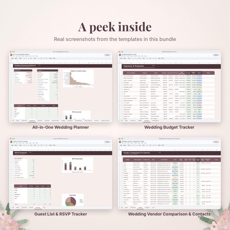 May include: Four digital spreadsheet templates for wedding planning displayed on screens. The bundle includes an All-in-One Wedding Planner, Wedding Budget Tracker, Guest List & RSVP Tracker, and Wedding Vendor Comparison & Contacts with dark headers.