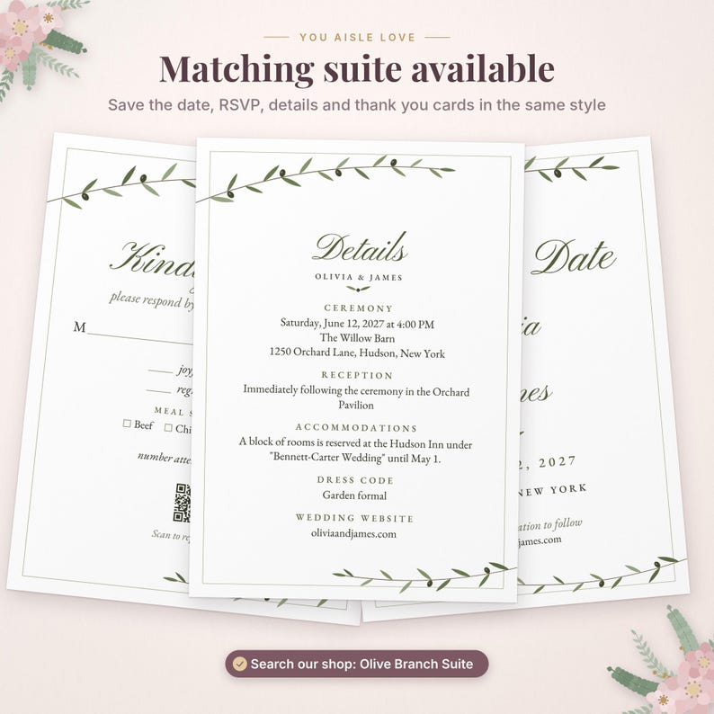 Puede incluir: Tres tarjetas de papeler&iacute;a de boda blancas con un borde de rama de olivo verde. La tarjeta central muestra texto que incluye Details, Olivia & James, informaci&oacute;n de la ceremonia y recepci&oacute;n, y una direcci&oacute;n web.