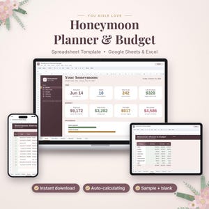 May include: A digital honeymoon planner and budget spreadsheet template for Google Sheets and Excel, displayed on a laptop, tablet, and smartphone screen. The interface features dark maroon and cream color schemes with data tables.