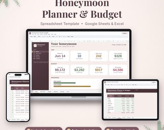 May include: A digital honeymoon planner and budget spreadsheet template for Google Sheets and Excel, displayed on a laptop, tablet, and smartphone screen. The interface features dark maroon and cream color schemes with data tables.