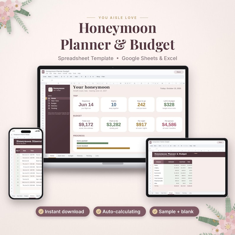 May include: A digital honeymoon planner and budget spreadsheet template for Google Sheets and Excel, displayed on a laptop, tablet, and smartphone screen. The interface features dark maroon and cream color schemes with data tables.