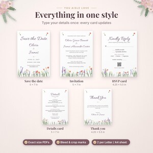 May include: A wedding stationery set featuring a Save the Date, invitation, RSVP card, details card, and thank you card. Each white card displays a colorful wildflower border and dark text. Dimensions are 5x7 inches and 4.25x5.5 inches.