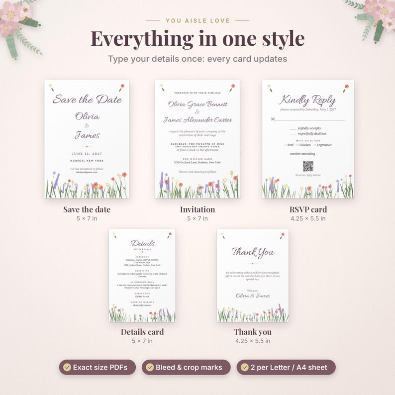 May include: A wedding stationery set featuring a Save the Date, invitation, RSVP card, details card, and thank you card. Each white card displays a colorful wildflower border and dark text. Dimensions are 5x7 inches and 4.25x5.5 inches.