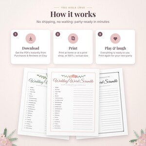 May include: An instructional graphic titled You Aisle Love How it works with three steps: Download, Print, and Play & laugh. Below are three white sheets of paper featuring a Wedding Word Scramble game with floral accents and lines for writing answers.