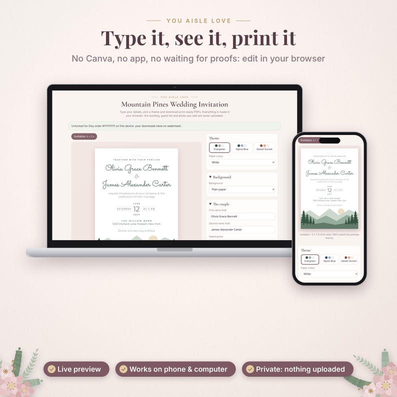 May include: A laptop and smartphone displaying a digital wedding invitation editor with the text Type it, see it, print it. The screen shows a Mountain Pines Wedding Invitation template with fields for names, dates, and location details.