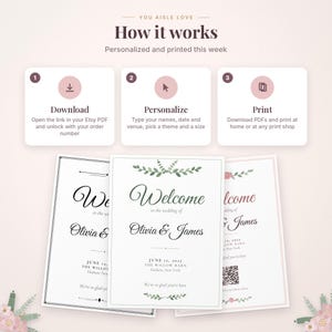 May include: An instructional graphic titled How it works with three steps: Download, Personalize, and Print. Below are three wedding welcome sign templates featuring the names Olivia & James, dates, and floral botanical illustrations.