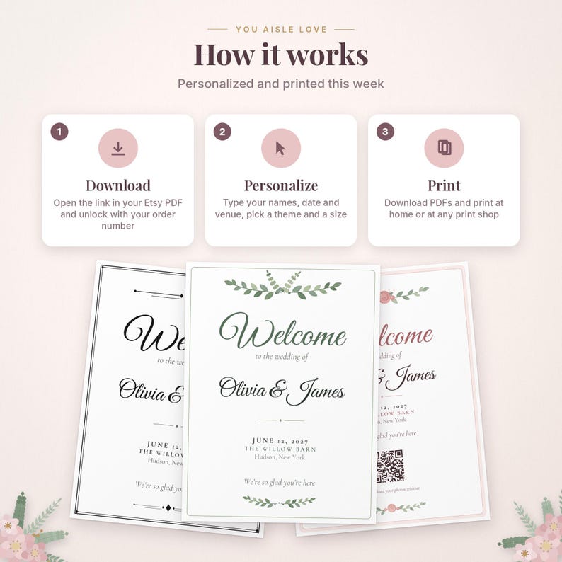 May include: An instructional graphic titled How it works with three steps: Download, Personalize, and Print. Below are three wedding welcome sign templates featuring the names Olivia & James, dates, and floral botanical illustrations.