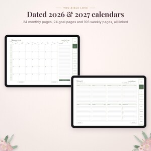 May include: Digital planner interface displaying dated 2026 and 2027 calendars with 24 monthly pages, 24 goal pages, and 106 weekly pages. The screen shows a January 2026 monthly grid and a weekly layout with tabs on the right side.