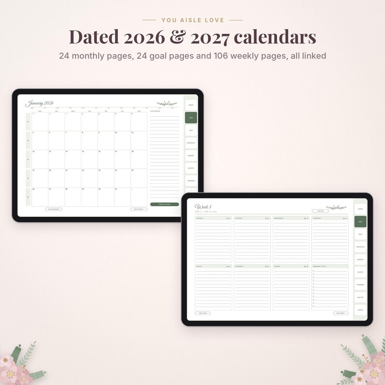 May include: Digital planner interface displaying dated 2026 and 2027 calendars with 24 monthly pages, 24 goal pages, and 106 weekly pages. The screen shows a January 2026 monthly grid and a weekly layout with tabs on the right side.