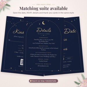 May include: Three dark navy blue wedding stationery cards featuring gold foil celestial designs, including a crescent moon, stars, and constellations. The central card displays the text Details, Olivia & James, ceremony and reception information.