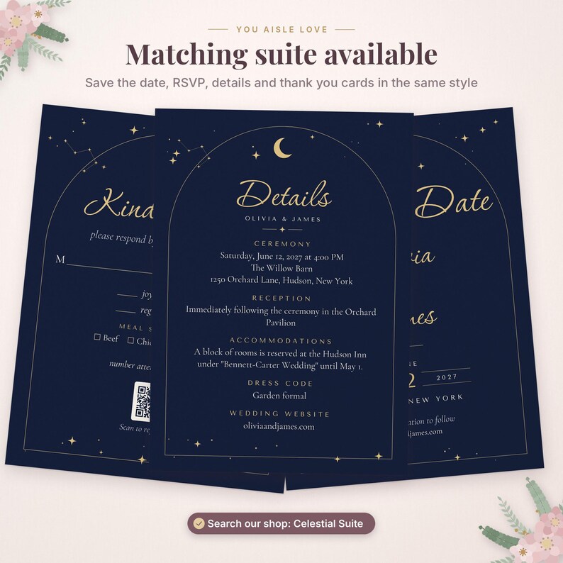 May include: Three dark navy blue wedding stationery cards featuring gold foil celestial designs, including a crescent moon, stars, and constellations. The central card displays the text Details, Olivia & James, ceremony and reception information.