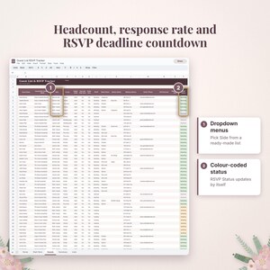 May include: A digital Guest List and RSVP Tracker spreadsheet featuring columns for guest names, household details, and RSVP status. It includes dropdown menus for side selection and colour-coded status updates for tracking.