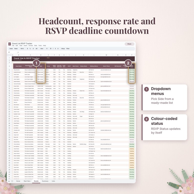 May include: A digital Guest List and RSVP Tracker spreadsheet featuring columns for guest names, household details, and RSVP status. It includes dropdown menus for side selection and colour-coded status updates for tracking.
