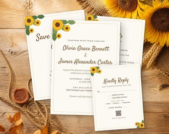 May include: A wedding invitation suite featuring white cards with sunflower illustrations and brown text. The main invitation reads Olivia Grace Bennett and James Alexander Carter, while the RSVP card includes a QR code and meal options.