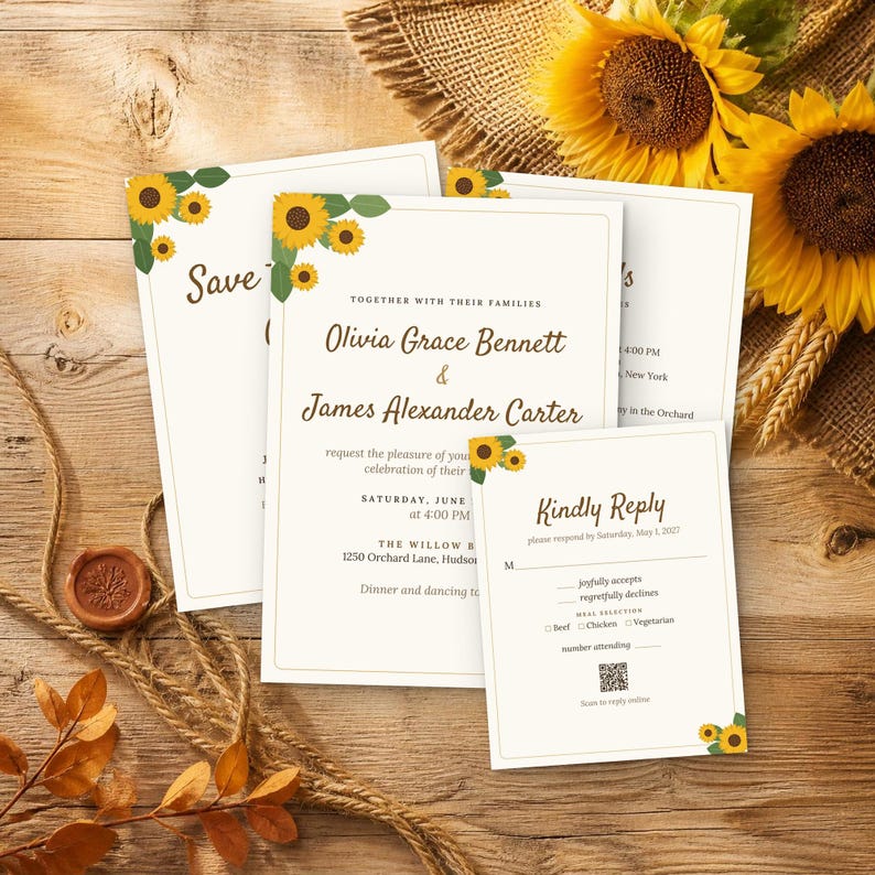 May include: A wedding invitation suite featuring white cards with sunflower illustrations and brown text. The main invitation reads Olivia Grace Bennett and James Alexander Carter, while the RSVP card includes a QR code and meal options.