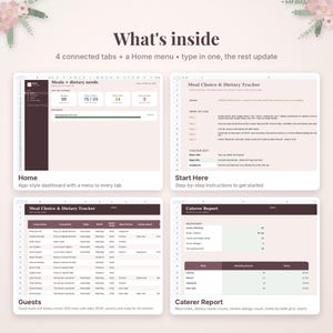 May include: A digital meal choice and dietary tracker spreadsheet template featuring four connected tabs and a home menu. The interface displays a dashboard, instructions, a guest list, and a caterer report with text labels.