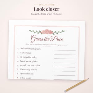May include: A white Guess the Price game sheet with a pink border and floral illustration at the top. The text reads You aisle love, Look closer, Guess the Price, and lists 15 items including a bath towel set and 10-inch cast iron skillet.
