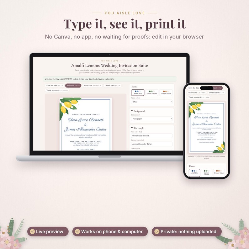 May include: A laptop and a smartphone displaying an Amalfi Lemons wedding invitation suite editor. The screen shows text fields for names and dates, with a lemon-themed invitation design featuring blue borders and yellow lemon illustrations.