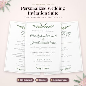 May include: A personalized wedding invitation suite featuring three white cards with dark gray text and green leaf illustrations. The central card displays the names Olivia Grace Bennett and James Alexander Carter with event details for June 12, 2027.