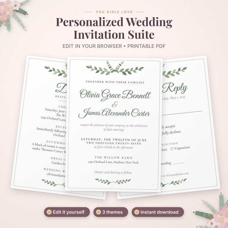 May include: A personalized wedding invitation suite featuring three white cards with dark gray text and green leaf illustrations. The central card displays the names Olivia Grace Bennett and James Alexander Carter with event details for June 12, 2027.