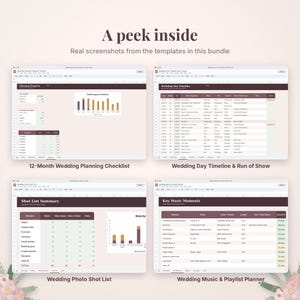 May include: Four digital spreadsheet templates for wedding planning displayed on screens. The layouts include a 12-Month Wedding Planning Checklist, a Wedding Day Timeline & Run of Show, a Wedding Photo Shot List, and a Wedding Music & Playlist Planner.